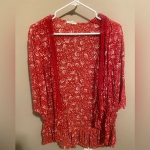 Red Cardigan with White Floral Details
